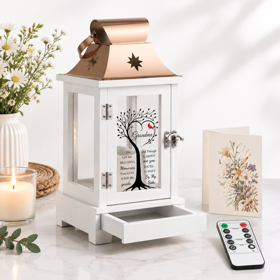 Grandma/Copper Memorial Lantern Candle Holder with Keepsake Drawer