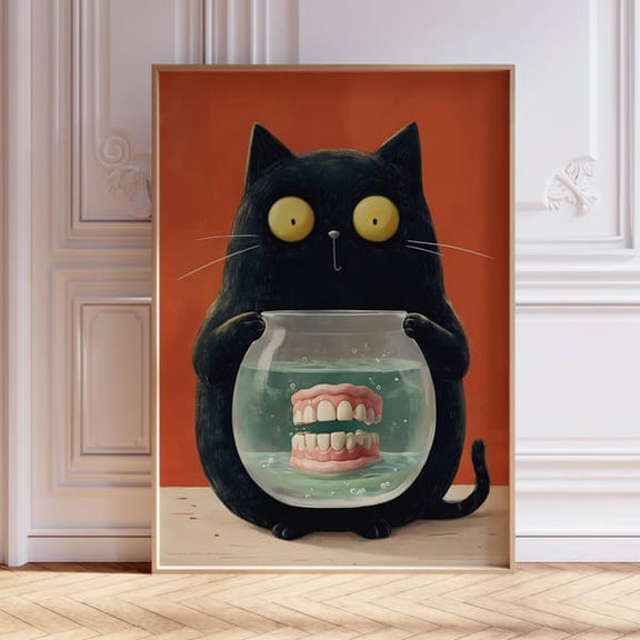 Grandma Dental Denture Poster, Quirky Black Cat Bathroom Print, Dentist Student Dorm Posters, Teeth Dentistry Prints, Tooth Wall Decor, Unframed Paper Poster 8x10in