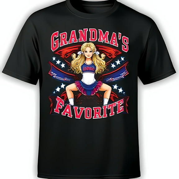 Grandma Favorite Cheerleader Graphic Black T-Shirt with Stars Design