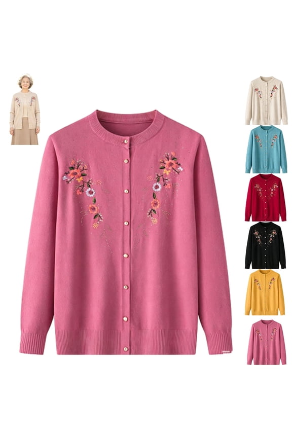Grandma Floral Embroidered Cardigan Sweaters,Long Sleeve Knit Cardigan Coat for Middle-Aged Elderly,Clothes for Elderly Lady
