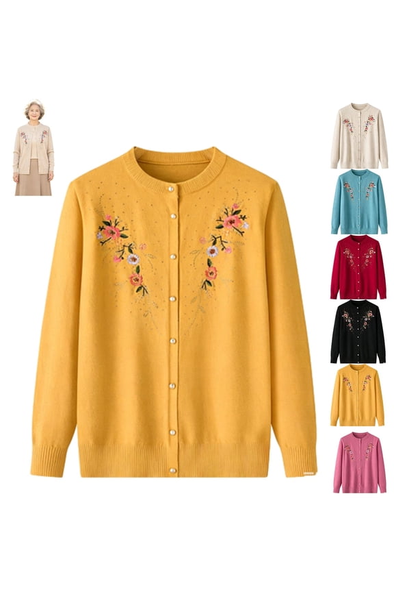 Grandma Floral Embroidered Cardigan Sweaters,Long Sleeve Knit Cardigan Coat for Middle-Aged Elderly,Clothes for Elderly Lady