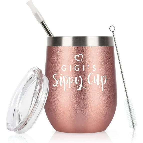 Grandma Gift-Gigi''s Sippy Cup Wine Tumbler with Lid and Straw, Gifts for Grandma Gigi Grandmother Mother''s Day Birthday Christmas, Insulated Stainless Steel Wine Tumbler (12Oz, Rose Gold)