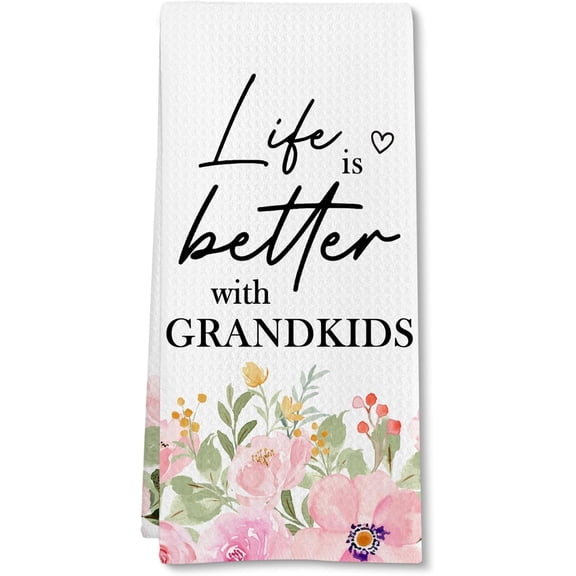 Grandma Gifts from Grandkids Kitchen Towels, Christmas Mothers Day Birthday Gift for Grandmas Hand Towel, Life is Better with Grandkids Flower Decorative Tea Dish Towels for Kitchen, 16x24in