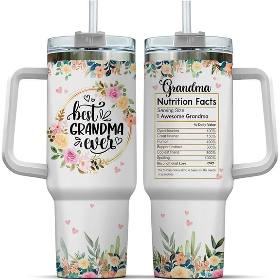 Grandma Gifts, Grandma Watercolor Floral Nutrition Facts, Tumbler 40 Oz With Handle Lid And Straw, Handle Grandmas Cup For Great Heart Sippy Flower Best Ever Coffee Cups Nana