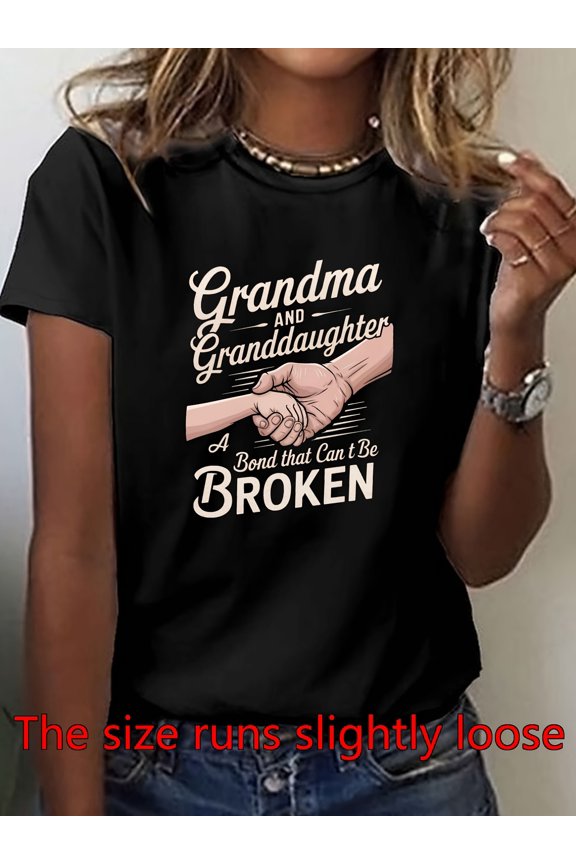 Grandma Granddaughter Heartfelt Bond Graphic T-Shirt Retro Women's Short Sleeve Casual Black Tee Family Inspired Sentiment Gift Top