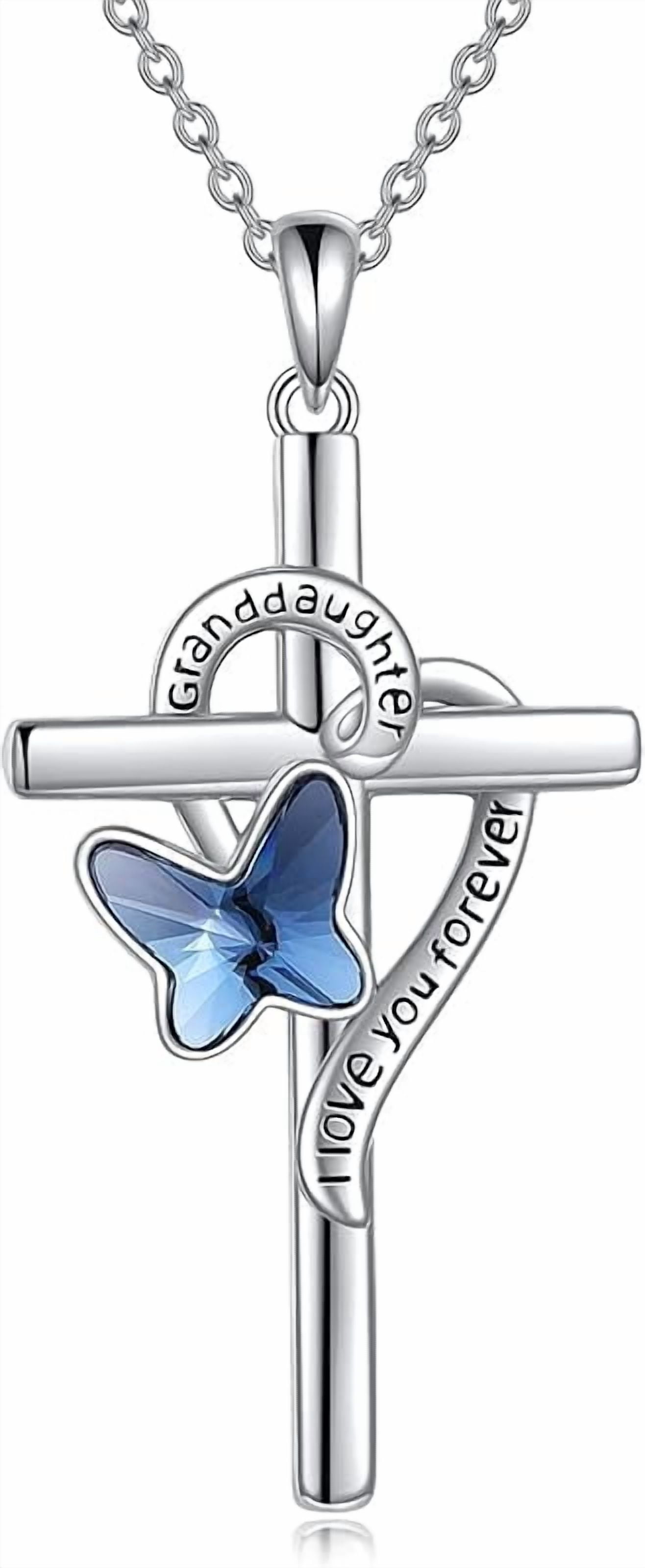 Grandma/Granddaughter Necklace Gifts for Women 925 Sterling Silver with Blue Butterfly Crystal Cross Necklace for women
