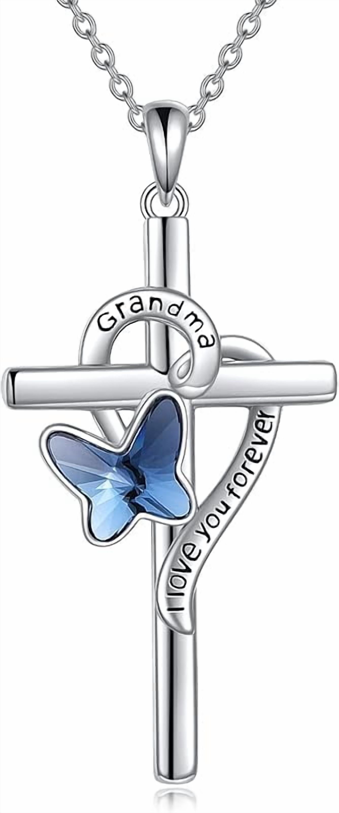 Grandma/Granddaughter Necklace Gifts for Women 925 Sterling Silver with Blue Butterfly Crystal Cross Necklace for women
