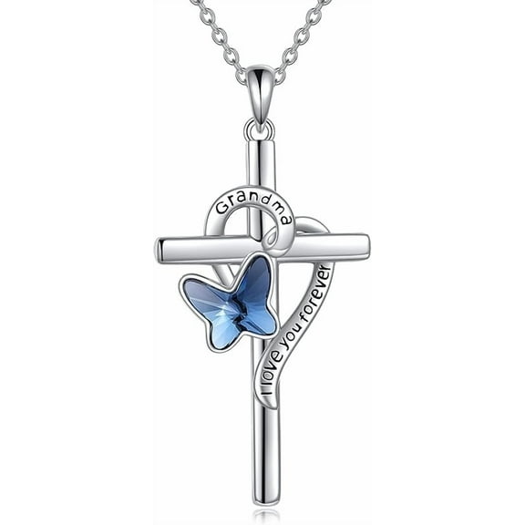 Grandma/Granddaughter Necklace Gifts for Women 925 Sterling Silver with Blue Butterfly Crystal Cross Necklace for women