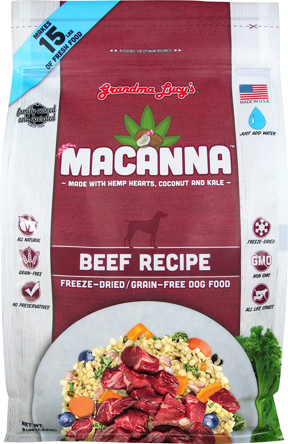 Grandma Lucy's Macanna Dog Food, Grain Free and FreezeDried Beef Recipe, 3Lb Bag