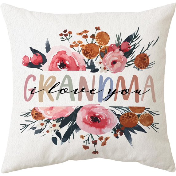 Grandma Themed Pillowcase Decorations for Home, Grandma I Love You Rustic with Watercolor Floral Decorative Throw Pillow Cover 18\u201dx18, Grandma Gifts
