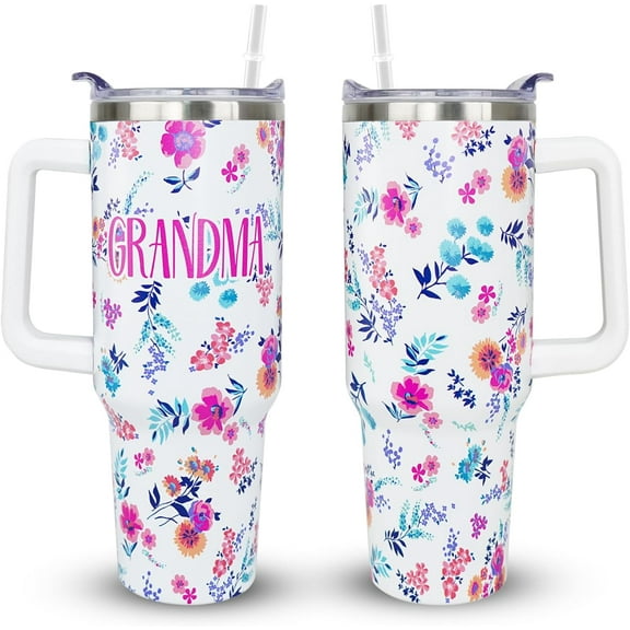 Grandma Tumbler 40oz - Mothers Day Birthday Gift from Grandkids - Stainless Steel Insulated Cup with Handle - Best Grandma Ever