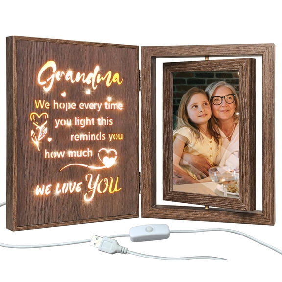 Grandma - We love you Light Up Picture Frame, Rustic Brown 4x6 Double Sided Rotating Photo Frame