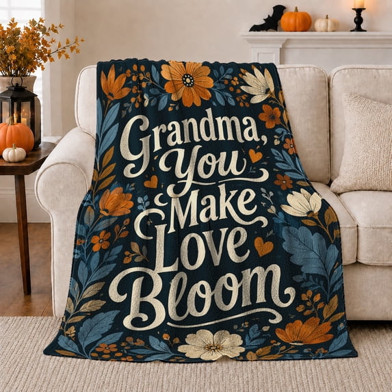 Grandma You Make Love Bloom Quote, Warm Floral Style for Grandmothers, Blue Garden Flower Motif and Mother's Day Gift, Cozy Flannel Blanket for Living Room and Bedroom, Home Decor