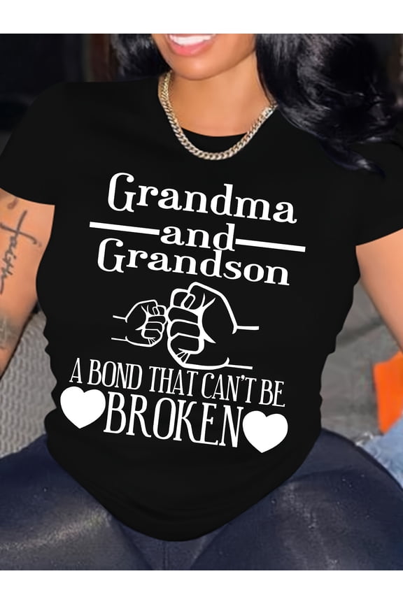 Grandma and Grandson A Bond That Can't Be Broken Women Graphic T-Shirt Retro Fist Bump Family Love Heart Short Sleeve Top