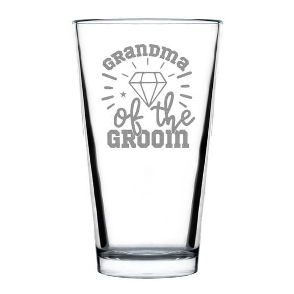 Grandma of the Groom Pint Glass, Engraved 16oz Glassware, Unique Wedding , Hand Etched Glass for Family, Bridal Party Idea