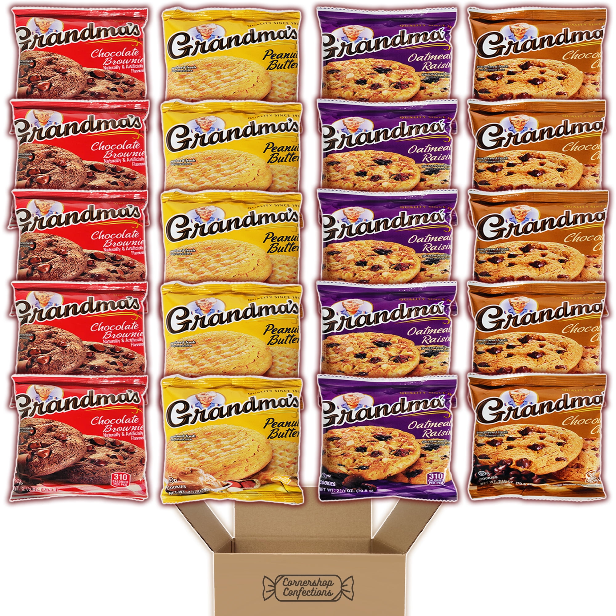 Grandma's Cookies Variety Pack - 5 Individually Sealed 2.5 Ounce Bags of Each Flavor - Chocolate Brownie, Peanut Butter, Chocolate Chip and Oatmeal Raisin - 20 In All in Cornershop Confections Pack