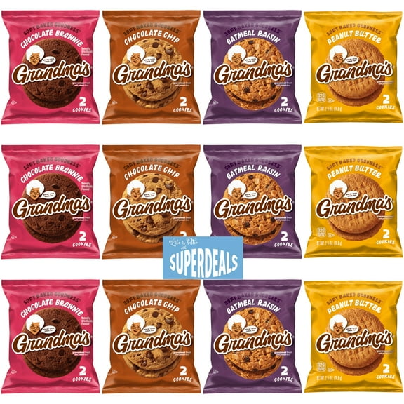 Grandma's Cookies, Variety Pack, (Pack of 12) Bundled by SUPERDEALS, 2.50 Oz Bag, with Mystery Gift 3 Chocolate Chip, 3 Chocolate Brownie, 3 Oatmeal Rasin, 3 Peanut Butter