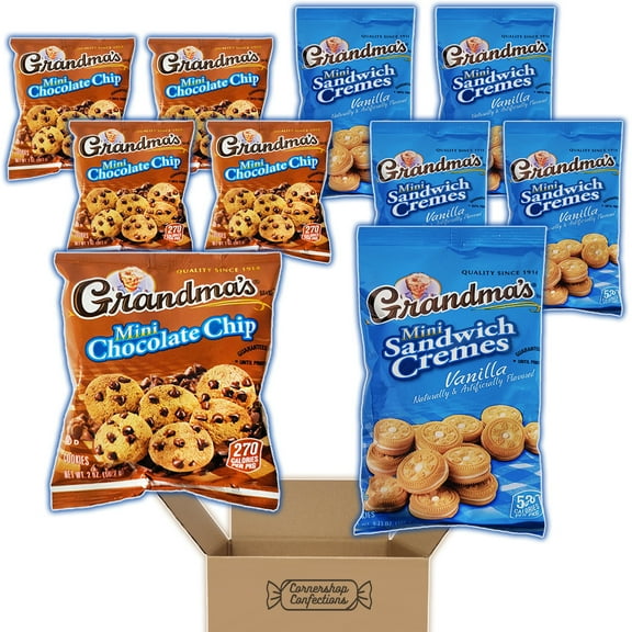 Grandma's Mini Cookies Variety Pack - 5 Individual Bags Each of Mini Chocolate Chip 2 Ounce bags and Mini Sandwich Cremes Vanilla 3.71 ounce bags - 10 Bags in all in Cornershop Confections Pack
