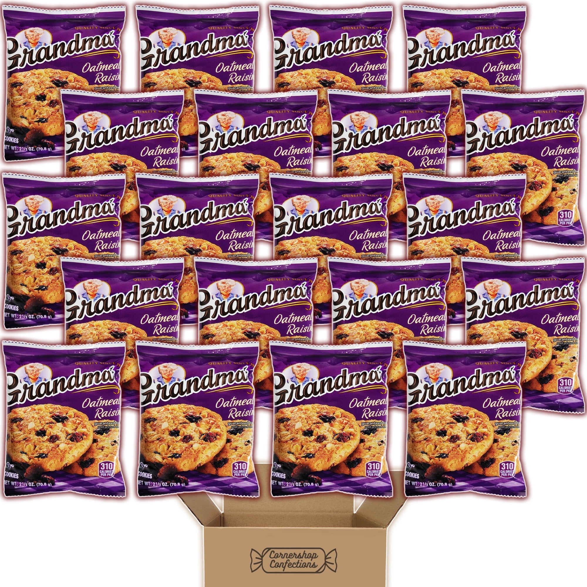 Grandma's Oatmeal Raisin Cookies Bulk Pack - 20 Individually Sealed 2.5 ounce Bags, Each With 2 Large Cookies - For Birthdays, Lunchboxes, Work Snacks, Road Trips in Cornershop Confections Pack