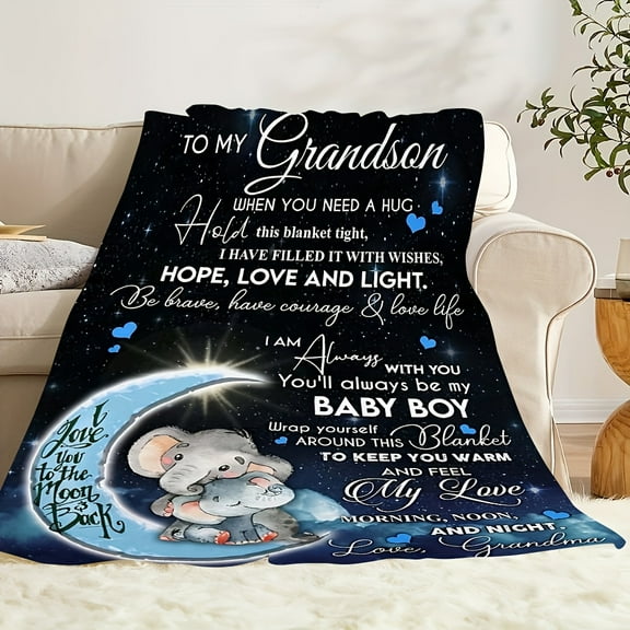 Grandma to Grandson Flannel Fleece Blanket - Heartwarming Message Under the Stars with Elephant Illustration, Soft Polyester, Machine Washable