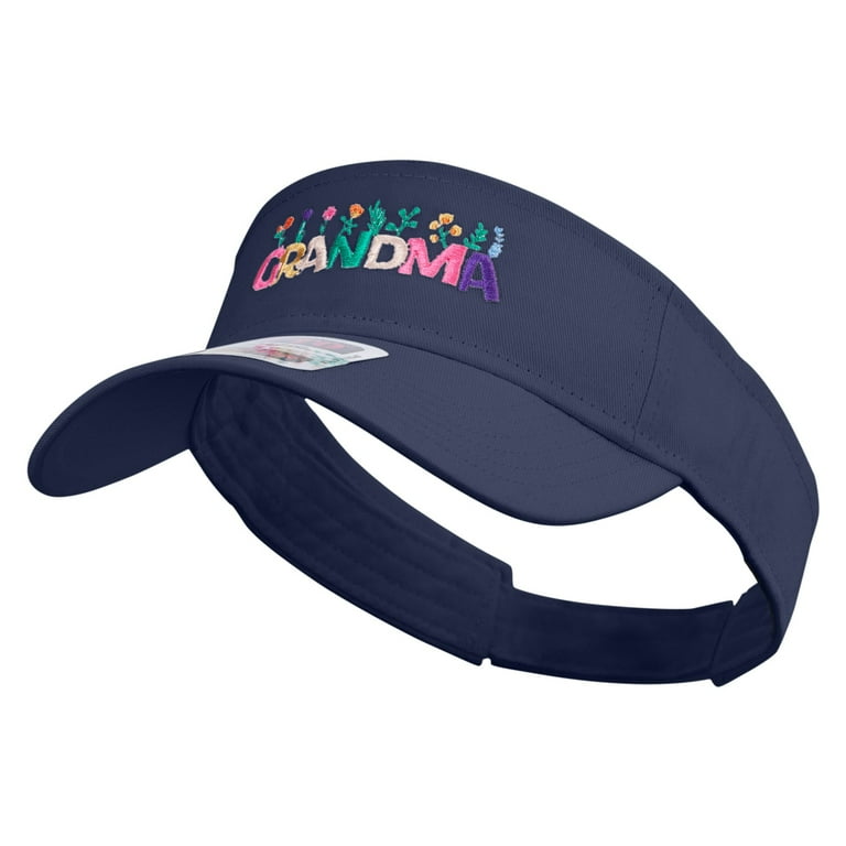 Grandma with Flowers Embroidered Cotton Twill Sun Visor - Navy
