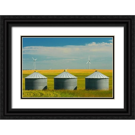 Grandmaison, Mike 14x11 Black Ornate Wood Framed with Double Matting Museum Art Print Titled - Canada, Somerset Wind turbines and grain bins