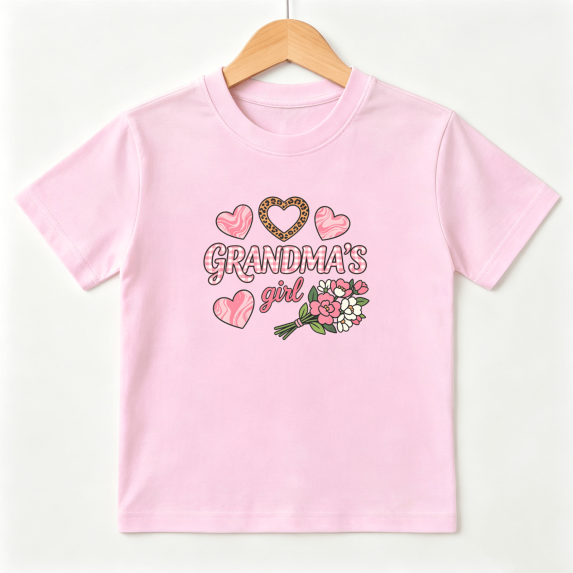 Grandmas Girl Girls Graphic Tee, Cute Leopard Heart Floral 100% Cotton Kids Short Sleeve T-Shirt