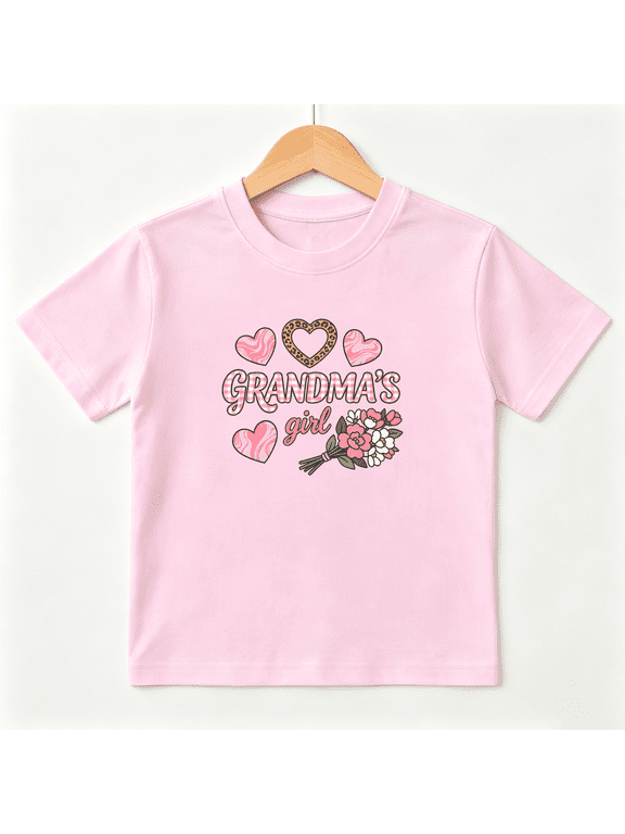 Grandmas Girl Girls Graphic Tee, Cute Leopard Heart Floral 100% Cotton Kids Short Sleeve T-Shirt