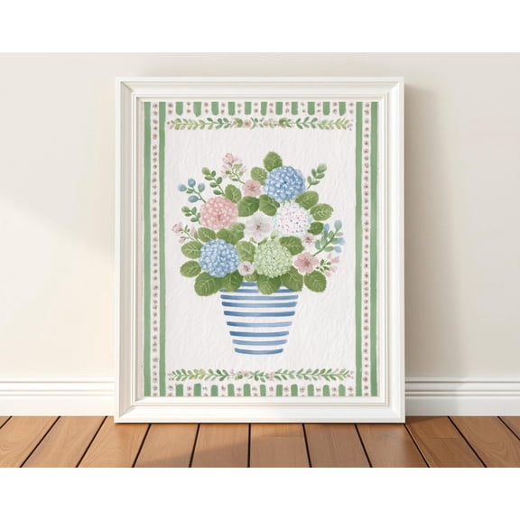 Grandmillennial Hydrangea Hand Painted Art Blue Striped Vase Cottagecore Botanical Preppy Floral Wall Art, Unframed Paper Print