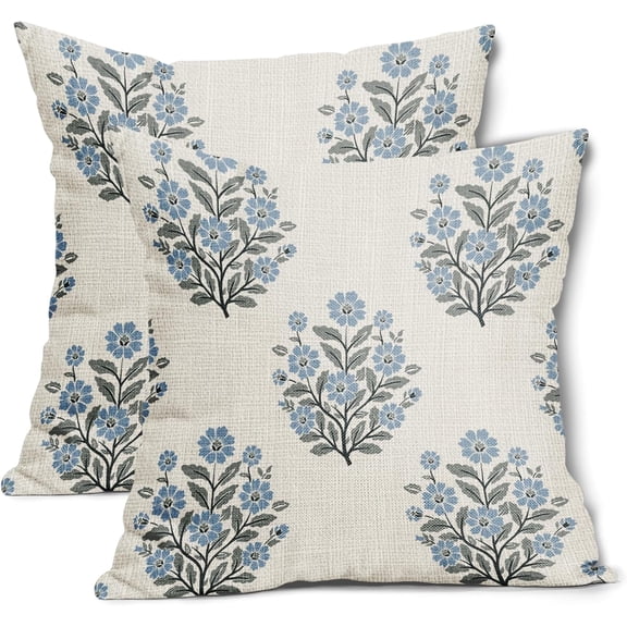 Grandmillennial Pillow Covers 16x16 Inch Set of 2 Blue Floral Block Print Cotton Linen Decorative Throw Pillow Case Grand Millennial Cushion Cover for Bedroom Sofa Living Room Chair Home Decor