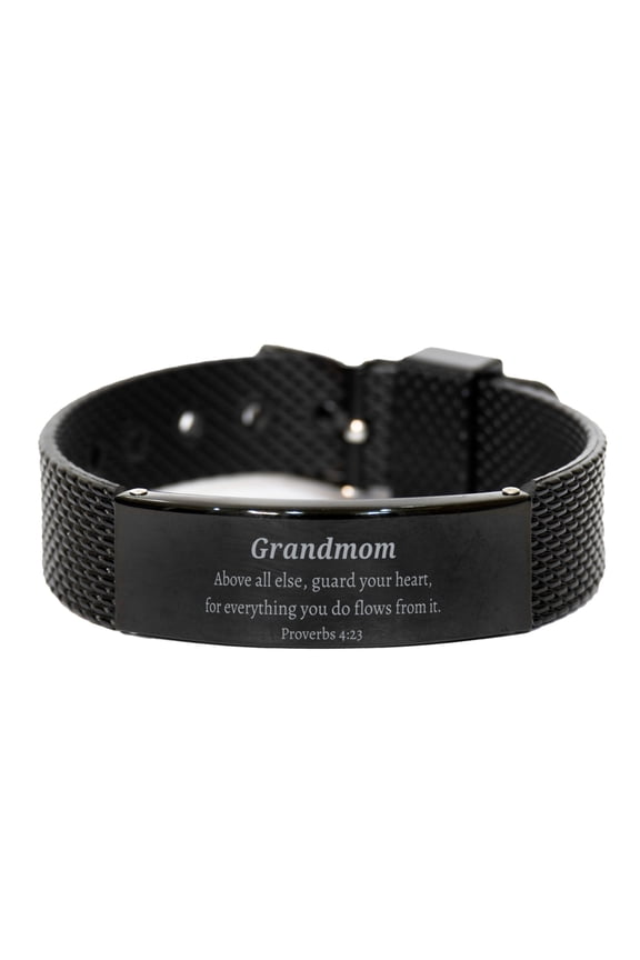 Grandmom Black Shark Mesh Bracelet Inspirational Engraved Gift for Christmas, Birthday, Holidays - Guard Your Heart Proverbs 4:23
