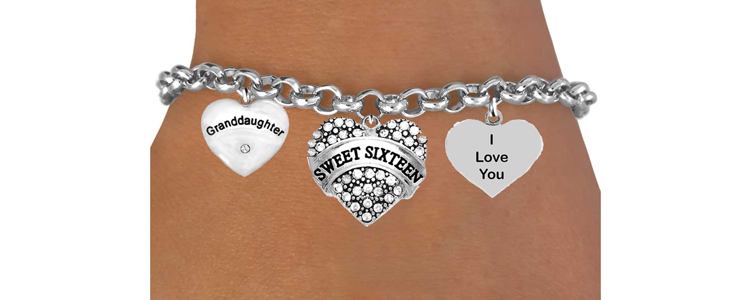 Grandmother With Austrian Crystal On The Heart, Austrian Crystal Sweet Sixteen, I Love You Heart Charms.Great Gift, Adjustable Bracelet, Will fit Everyone, No Nickel, Lead, r Cadmium In The Metal©2023