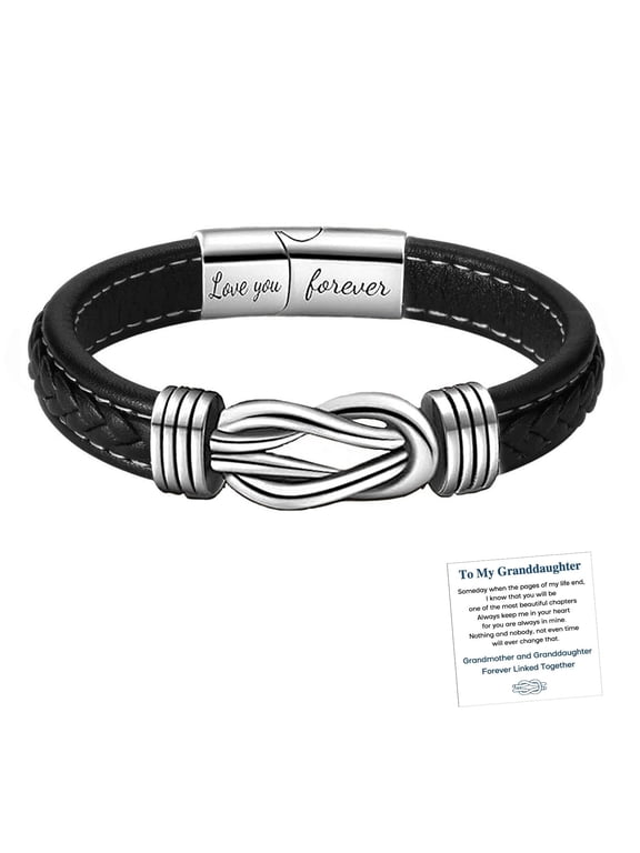 Grandmother and Granddaughter Forever Linked Together Braided Leather Bracelet, To My Granddaughter Infinity Knot Leather Bracelet Stainless Steel Engraved Jewelry for Birthday Christmas