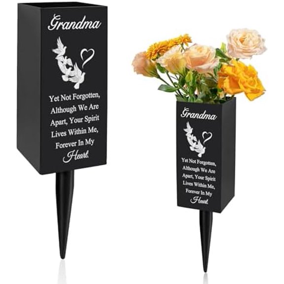 Grandmother Memorial Vase - Metal Grandma Cemetery Flower Vase with Ground Stake, Weather-Resistant Grave Decor for Lasting Tribute