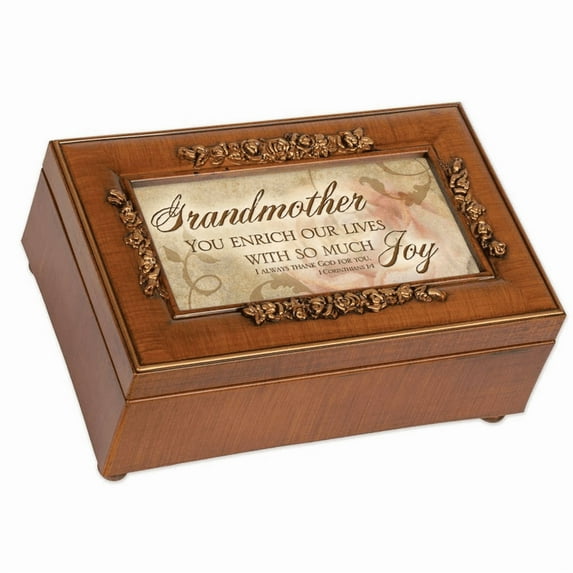 Grandmother Our Lives Much Joy Woodgrain Embossed Jewelry Music Box Plays How Great Thou Art
