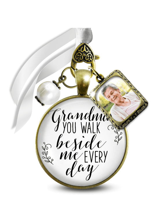 Wedding Bouquet Memorial Charm for Bride Grandma You Walk Beside Me Every Day Bronze White Pendant Photo Frame