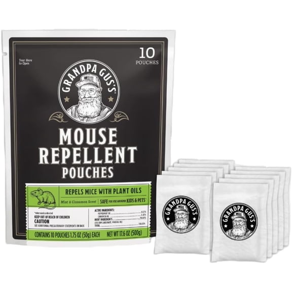 Grandpa Guss Extra-Strength Mouse Repellent Pouches, Peppermint & Cinnamon Oil, Natural Rodent Deterrent Control for Garage, RV, Car, Basement, Attic, Storage, 1.75 Oz (Pack of 10)