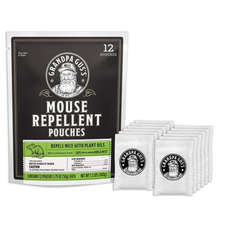 Grandpa Gus’s Extra-Strength Mouse Repellent Pouches, Peppermint & Cinnamon Oil, Natural Rodent Deterrent Control for Garage, RV, Car, Basement, Attic, Storage, 1.75 Oz (Pack of 12)