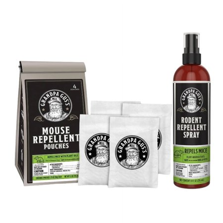 Grandpa Gus's Natural Mouse Repellent Pouches (4 Pouches) + Rodent Repellent Spray (8 oz Bottle), Peppermint/Cinnamon, Home/RV, Boat/Car Storage & Machinery