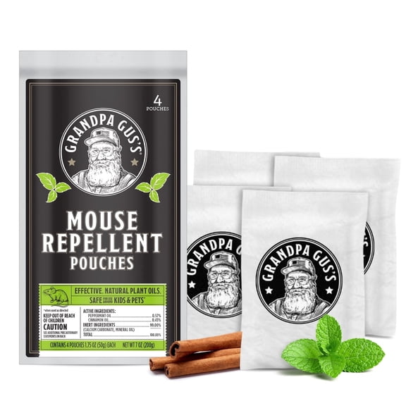 Grandpa Gus's Natural Mouse Repellent Pouches, Repel Mice from Nesting & Freshen Air in Home/Cabin/Boat/Car Storage/RV/Machinery/Shed, Kid & Pet Safe (4 Pouches)