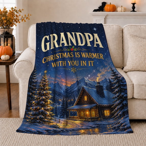 Grandpa Holiday Cabin Message Illustrated Print Soft Flannel Blanket, Warm Festive Style for Cabin Lovers, Christmas Gift for Cabin and Living Room, Artistic Home Decor