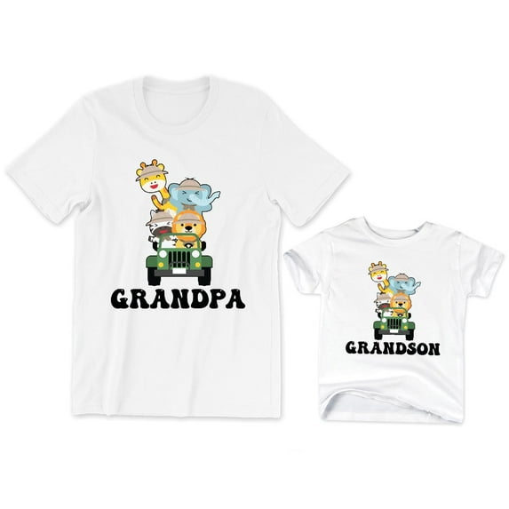 Grandpa Men's T-Shirt Matching Animal Graphic Giraffe Elephant Cow Lion Tee Grandson Kids Toddler Shirt Baby