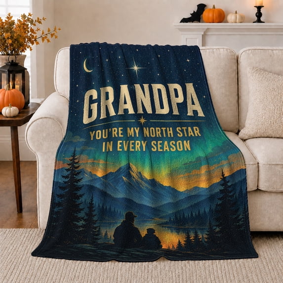 Grandpa North Star Night Sky Illustration, Peaceful Mountain Lake Scene, Warm Flannel Blanket for Cabin and Lodge, Outdoor Lovers Father's Day Gift, Artistic Home Decor