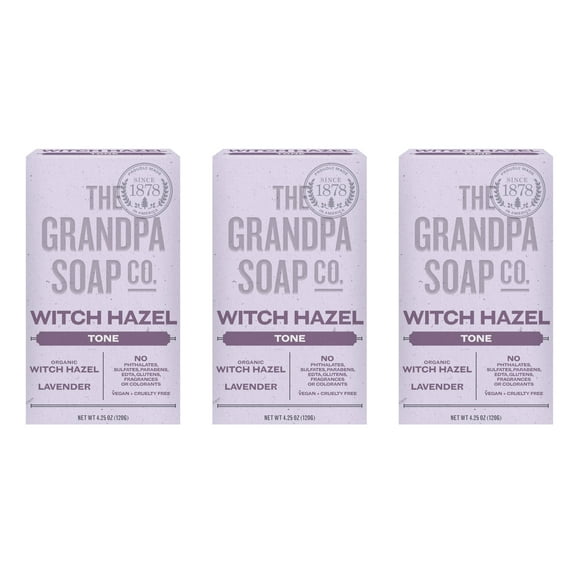 The Grandpa Soap Company DPF11Witch Hazel Bar Soap - Tones and Rejuvenates Skin, With Witch Hazel and Lavender, Provides a Relaxing Effect, Vegan, For Face and Body, 4.25 Oz, 3 Pack