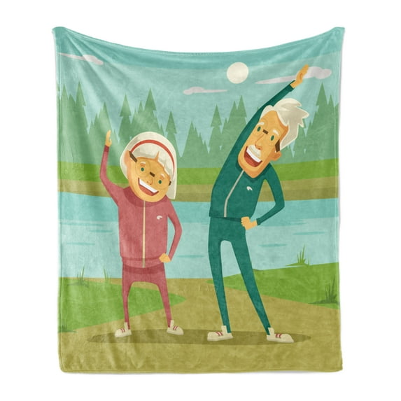 Grandpa Soft Flannel Fleece Blanket, Grandpa and Grandma Doing Cardio Cartoon Design River Elderly Retirement Activities, Cozy Plush for Indoor and Outdoor Use, 60" x 80", Multicolor, by Ambesonne