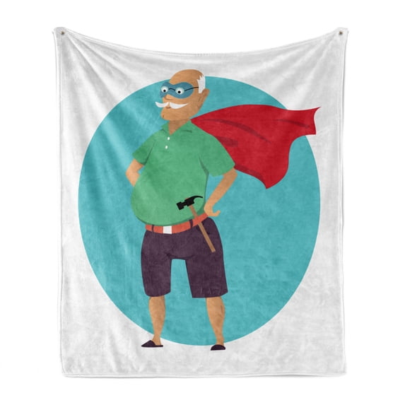 Grandpa Soft Flannel Fleece Throw Blanket, Super Grandpa with Hammer and a Cape on Blue Circle Background in Cartoon Style, Cozy Plush for Indoor and Outdoor Use, 50" x 60", Multicolor, by Ambesonne