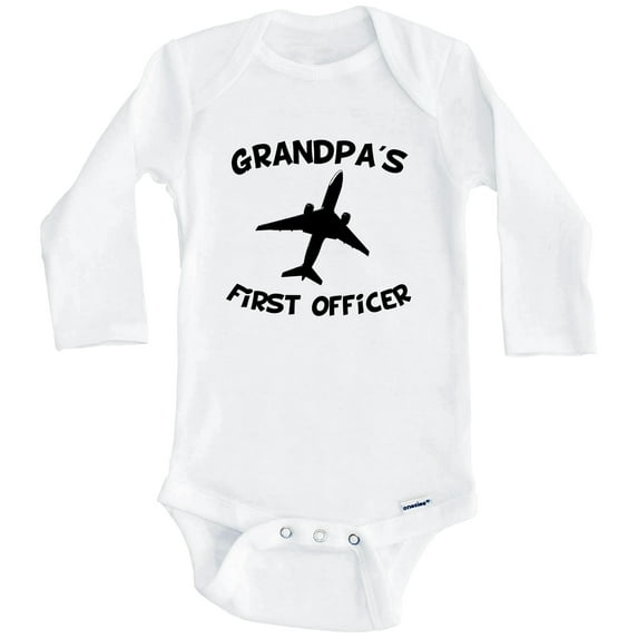 Grandpa's First Officer Cute Airplane One Piece Baby Bodysuit (Long Sleeve), 6-9 Months White
