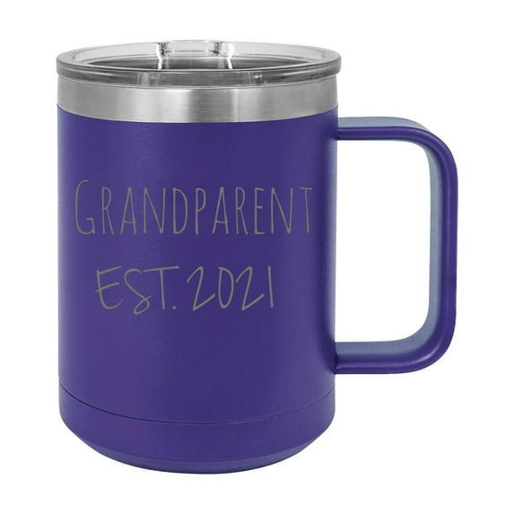 Grandparent Est. 2021 Established Stainless Steel Vacuum Insulated 15 Oz Engraved Double-Walled Travel Coffee Mug with Slider Lid