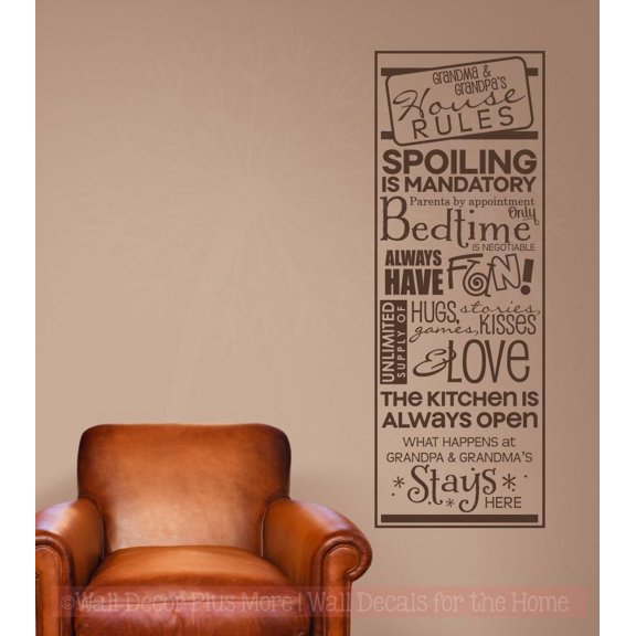 Grandparent Gift Grandma & Grandpa's House Rules Wall Decals Vinyl Stickers Home Decor 33x11-Inch Chocolate Brown