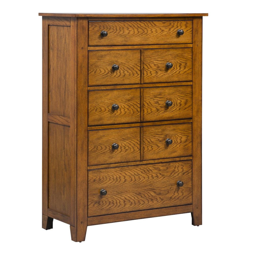 Aged Oak Traditional 5-Drawer Chest with Brass Knobs